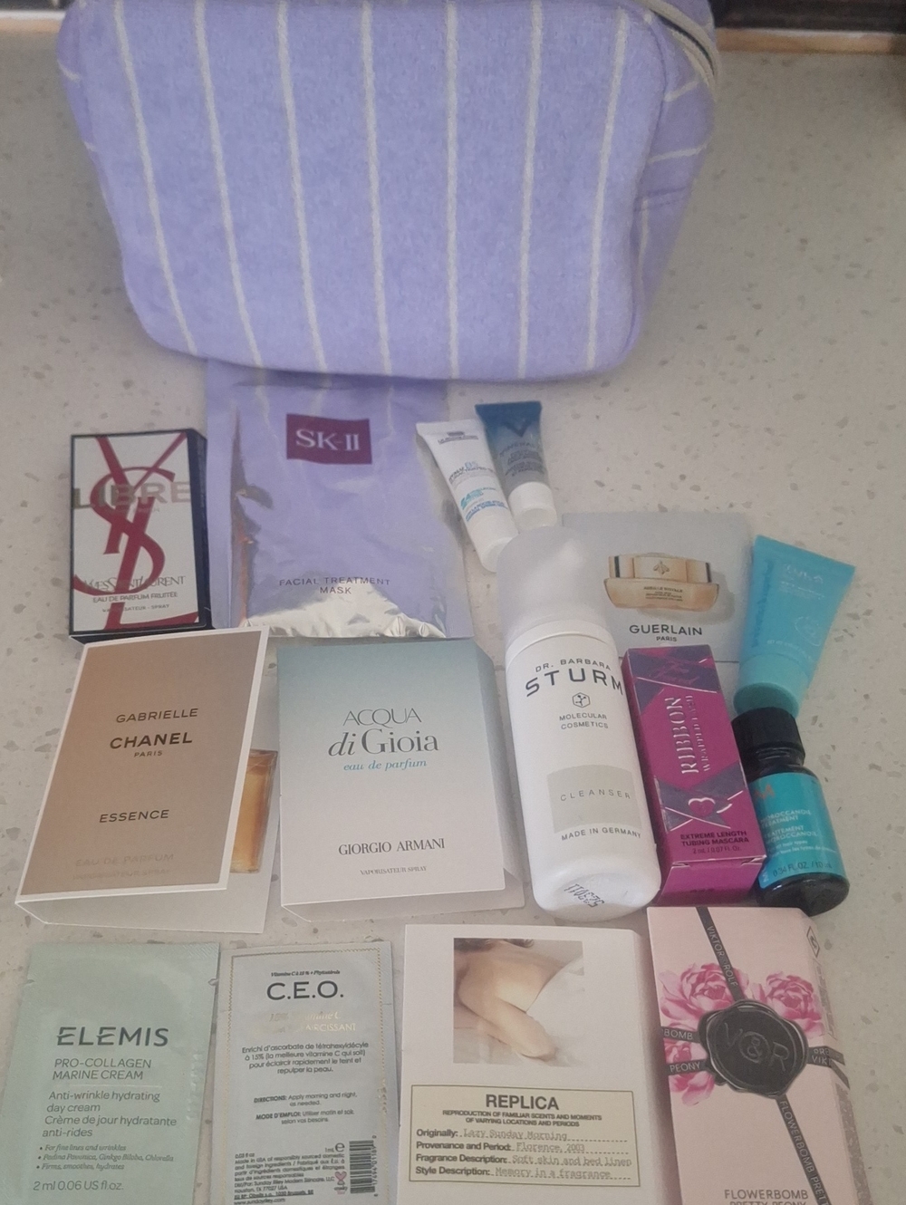 Lavender Striped Cosmetic Pouch with Samples